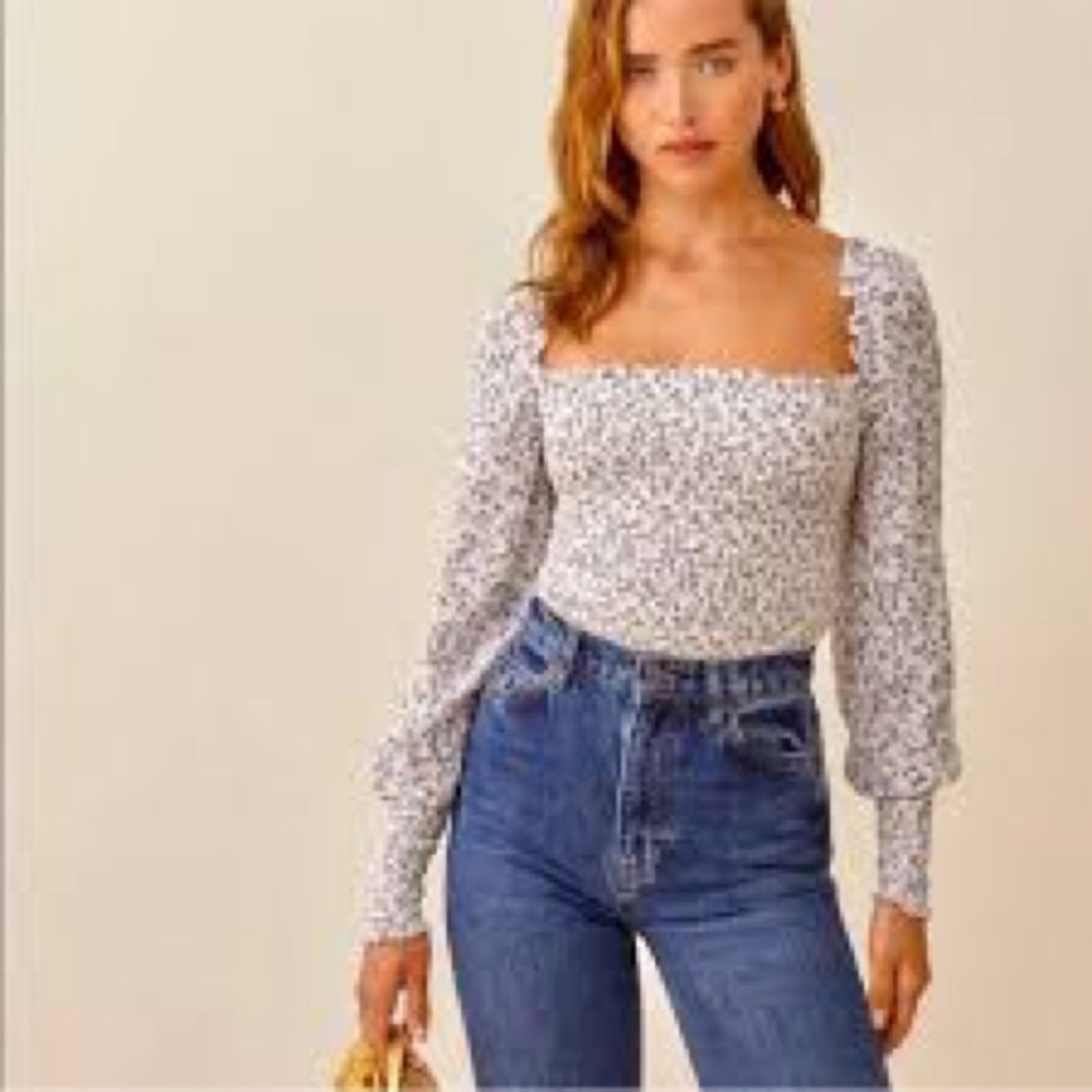 Reformation Pinto Long Sleeve Blouse, white/blue floral print